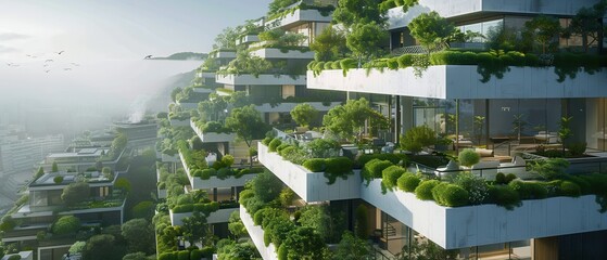 Hightech urban area with sharp architectural lines and green rooftop gardens