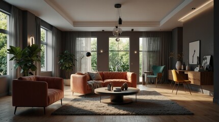 Fototapeta premium Stylish minimalist modern bright living room interior