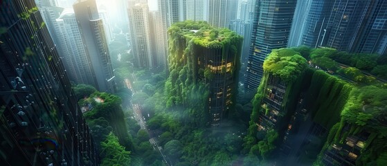 Hightech urban area with sharp architectural lines and green rooftop gardens