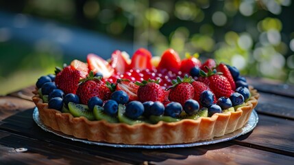 Fresh Summer Fruit Tart with Vibrant Strawberries, Kiwi, and Blueberries Displayed on a Picnic Table