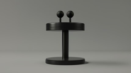 A 3D rendering showcases a black speaker podium with microphones isolated on a grey background representing a debate or press conference concept