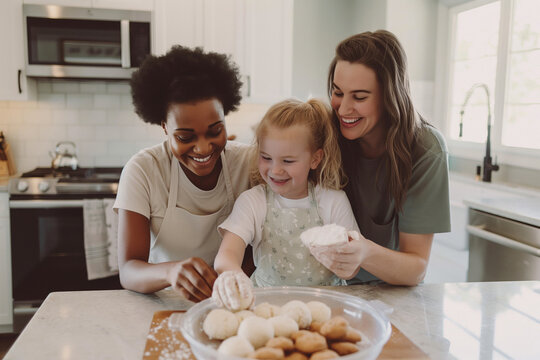 A kitchen becomes a canvas of joyful memories as a diverse and cheerful family comes together to bake cookies. Ideal for celebrating nontraditional families and inclusive moments. - Powered by Adobe