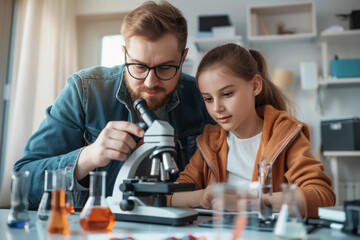  A father and his daughter bond over exploring the microscopic world, conducting science experiments together at home. Ideal for educational content or family activity promotions