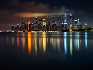 Obraz premium A vibrant city skyline at night with lights reflecting.