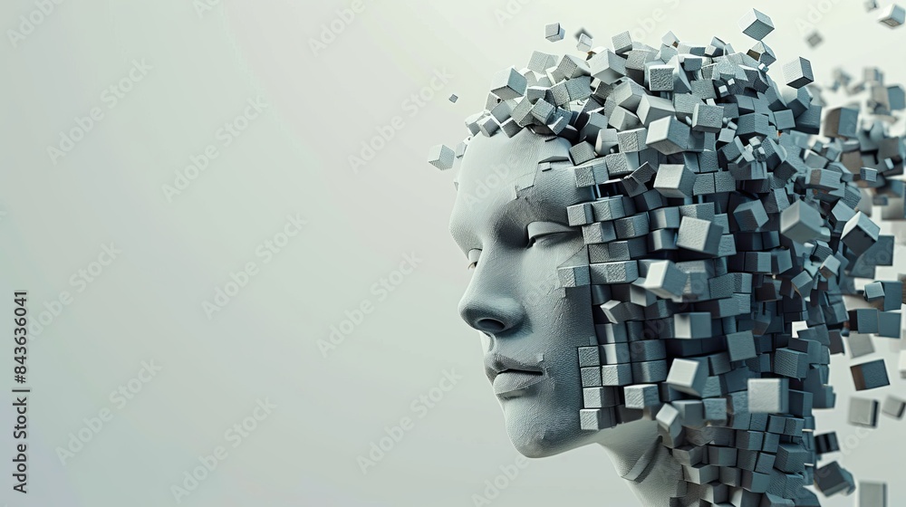 Poster an abstract digital human head is constructed from cubes presenting a minimalistic design for busine