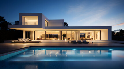 Fototapeta premium Elegant Modern House with Night Lighting and Pool