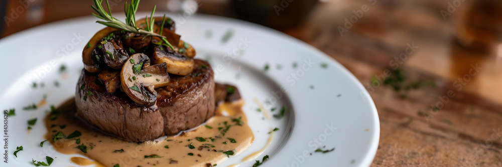 Wall mural Close-up of a grilled filet mignon, tender and juicy, topped with a mushroom sauce, served on a white plate, elegant and mouthwatering  - Wall murals