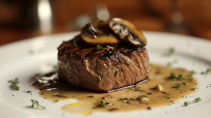 Close-up of a grilled filet mignon, tender and juicy, topped with a mushroom sauce, served on a white plate, elegant and mouthwatering 