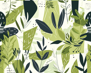 Abstract Graphic with Green Plant Elements and Geometric Shapes
