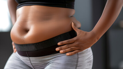 A woman's belly is shown in a close-up shot showing her belly fat
