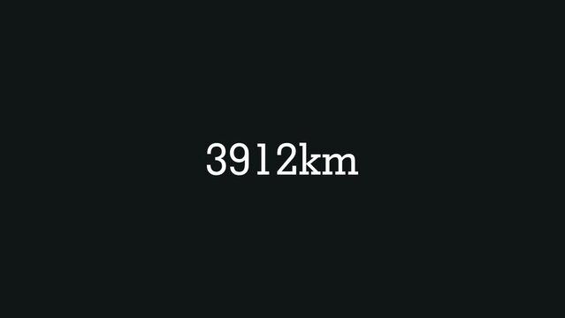 Number counting animation up to 4000km. Kilometer counter increasing digits on black and green screen background.