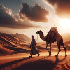 Fototapeta premium Silhouetted camels trek across vast orange dunes under a fiery desert sunset