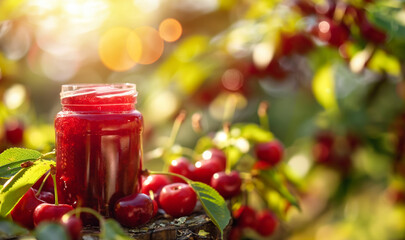 Close-up of a jar of fresh cherry jam, vibrant red color, surrounded by ripe cherries on the tree, sunny orchard, refreshing and sweet, empty space for text 