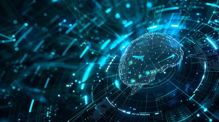 Obraz premium Artificial intelligence is depicted in a technology web background representing a virtual concept