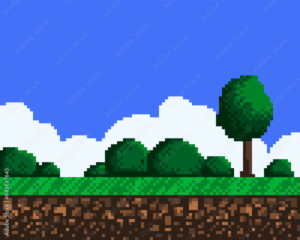Poster pixel art game background. game design concept in retro style. vector illustration. game screen pixe