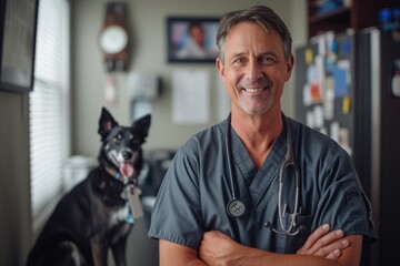Veterinarian posing, looking into the camera with a dog behind him - Powered by Adobe
