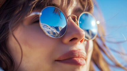 Close-up of a person wearing round sunglasses, reflection of a mountain landscape in the lenses, adventurous and trendy, sunny outdoor setting 