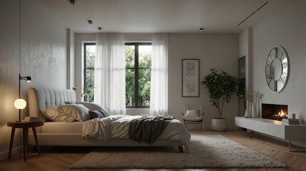 Stylish minimalist modern white bedroom interior