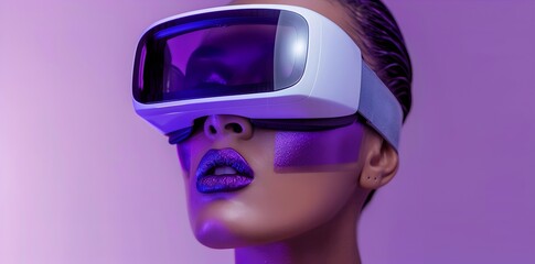 Portrait of young woman is putting on VR glasses, close up photo. technology, unreal world, surreal, metallic purple color tier, copy space.