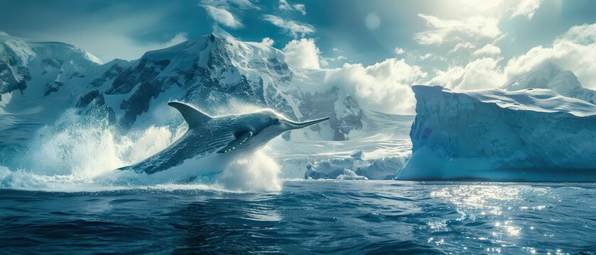 Narwhal breaching near a majestic iceberg