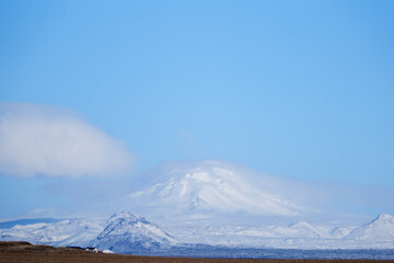 Snowy Hekla Volcano and Mountain Landscape View in Iceland