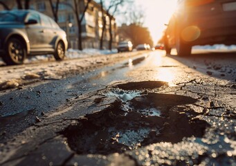 Close-Up of Pothole on Busy City Street