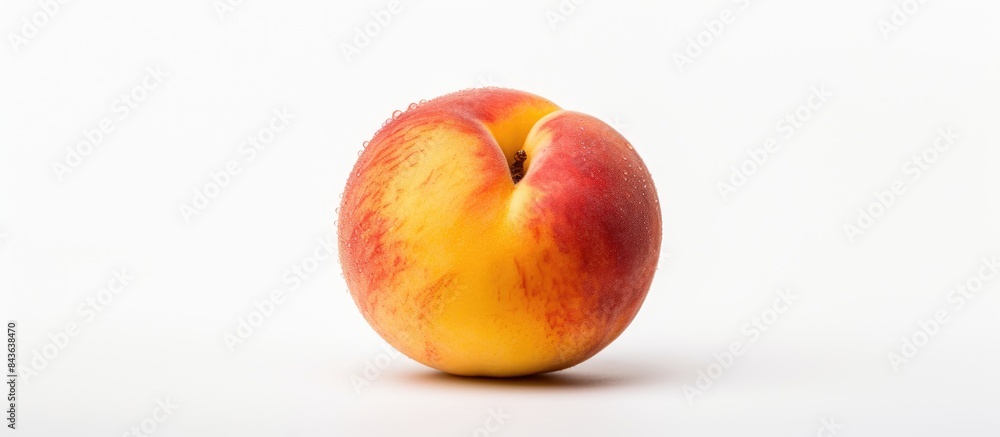 Poster a peach fruit captured solo on a plain white background creating a copious amount of copy space imag