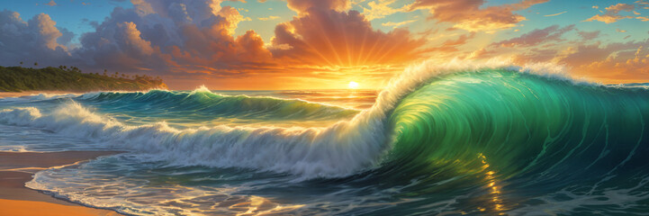 Obraz premium A beautiful sunset over the ocean, with a large wave crashing onto the shore.