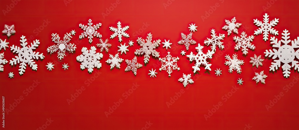 Poster flat lay copy space image featuring snowflakes on a vibrant red background