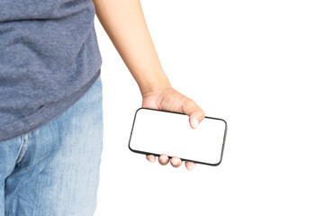 Man's hand holding a mobile phone ,Technology concept , white background