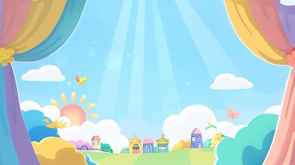 Creative background for a kid's banner featuring lively curtains, a sky with scattered clouds