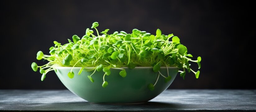 A bowl on a table showcasing fresh vibrant green pea sprouts Ample copy space for additional content