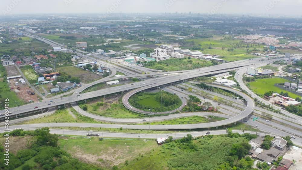 Poster aerial view of cars driving on highway or moterway. overpass bridge street roads in connection netwo