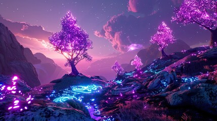 A metaverse landscape made in unreal engine, a developer paradise, make the metaverse looks impressiver, and use neon colors