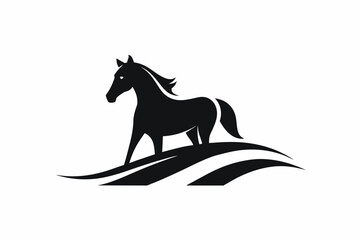 A minimalist vector art illustration of a horse farm with a modern, stylish Horse Farms logo. The design features sleek shapes and an underlined text, all set against a solid white background.