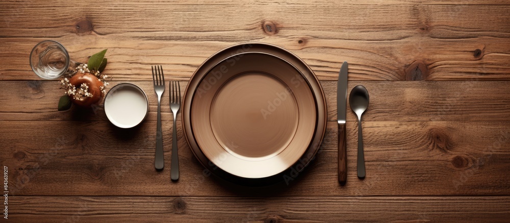 Poster from an aerial perspective a wooden table is adorned with an empty plate and silverware set creating