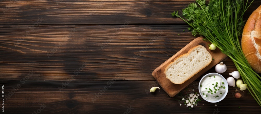 Poster a flat lay image on a wooden table featuring a delicious combination of bread cottage cheese and gre