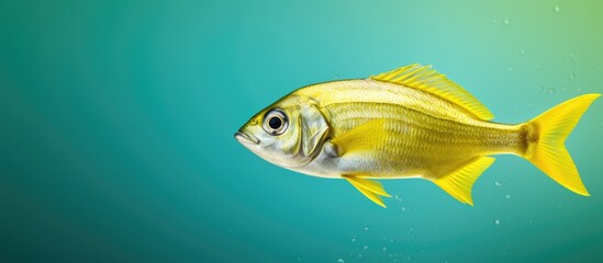 A fresh dorado fish is displayed on a bright backdrop with ample space for additional images