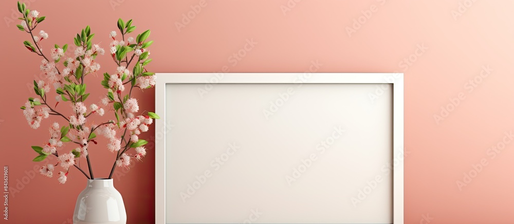 Poster a color background featuring a mockup of a blank frame adorned with decor creating a visually appeal