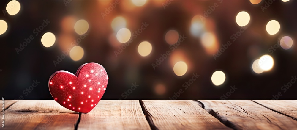 Poster valentine s day concept featuring two red hearts on a wooden surface surrounded by bokeh lights in t