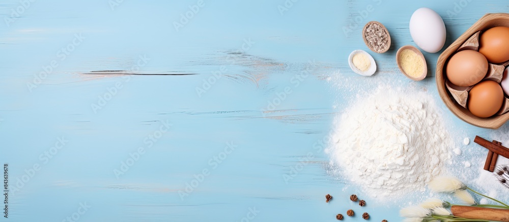 Poster a top down view of essential baking ingredients and utensils including eggs flour sugar butter and m