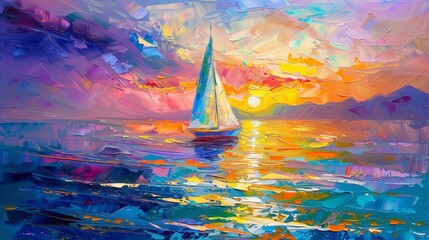 A colorful oil painting on canvas texture portrays an impressionism image of seascape paintings with a sunlight background featuring modern art oil paintings with boats and sails on the