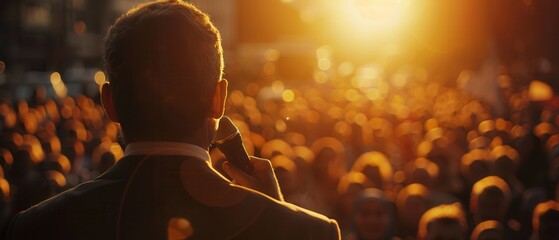 Politician addressing supporters with a microphone,