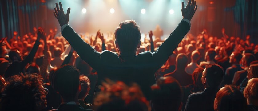 Political leader giving a speech with enthusiastic supporters,