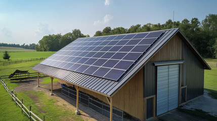 Close-up of solar panels on a barn roof, agricultural setting, bright sunny day, sustainable energy for farming 