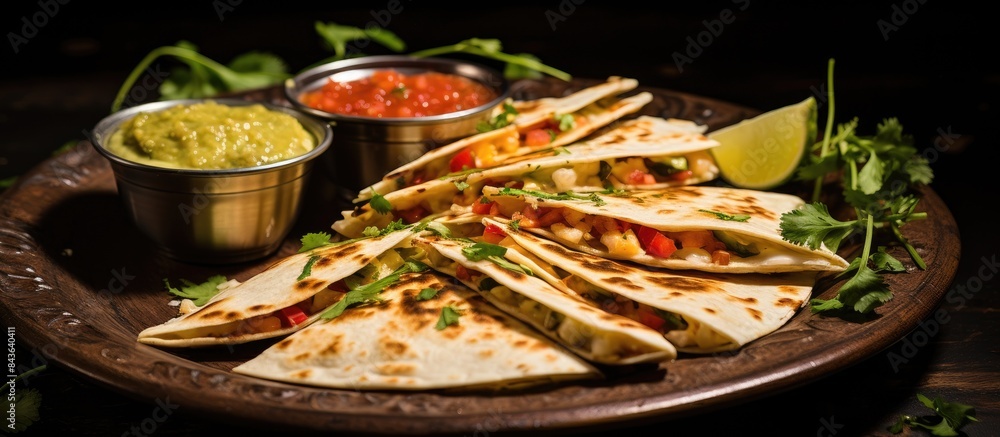 Wall mural closeup copy space image of a colorful plate with delicious quesadillas accompanied by lime wedges a - Wall murals