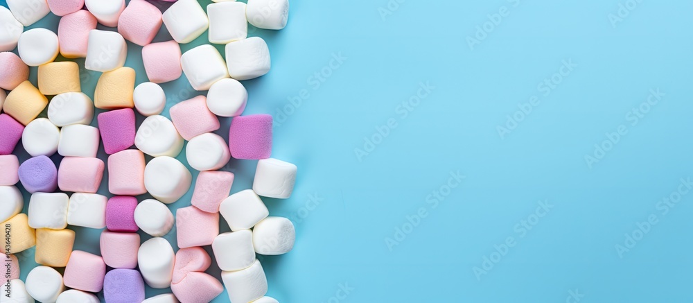 Aufkleber colorful mini marshmallows arranged on a blue background offering copy space in a flat lay or top vi