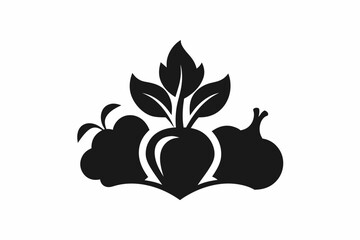 A minimalist, high-resolution vector art logo of organic fruits and vegetables, adorned with intricate details like vine tendrils and leaves, showcasing a harmonious blend of nature-inspired elements.