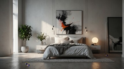Stylish minimalist modern white bedroom interior with abstract picture