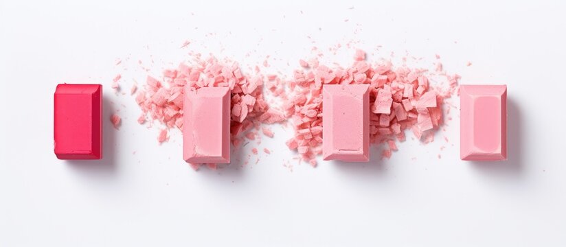A top down view of three erasers and eraser shavings placed on a white background in a copy space image
